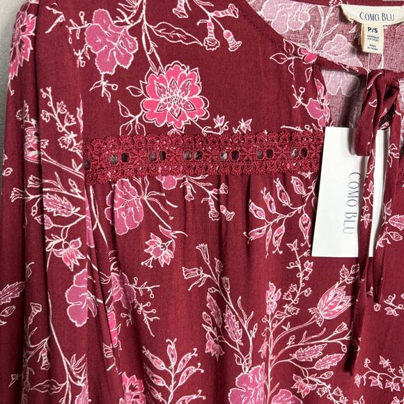 NWT Women's Como Blu 3/4 Sleeve Cottagecore Leaves Red Pink Blouse Boho Small - Picture 2 of 7